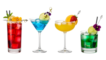 a set of cocktails: gin tonic, blue lagoon, tequila sunrise, iced irish coffee, pina colada, mai tai, cocktail with rum, whiskey, mojito, bar menu drinks, cocktails isolated PNG	