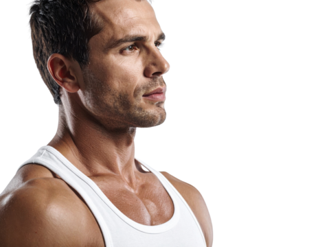 A muscular man in a white tank top gazes thoughtfully, his strong profile highlighted against a dark background. - Powered by Adobe