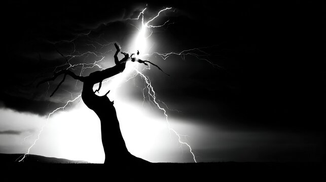 bent. A lone gnarled tree silhouetted against a stormy sky with lightning. travel magazines, destination branding, designed for outdoor magazines and nature guides and travel destination branding.