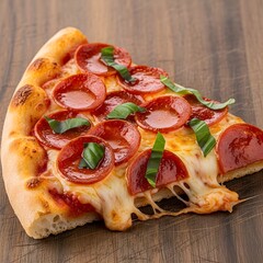 Gourmet Pepperoni Pizza Slice: Close-Up on a Wooden Board Showcasing Crispy Crust and Vibrant Toppings