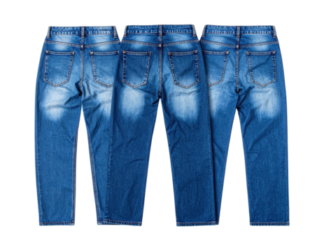 A collection of denim jeans displayed from multiple angles, showcasing their fabric texture and design details.