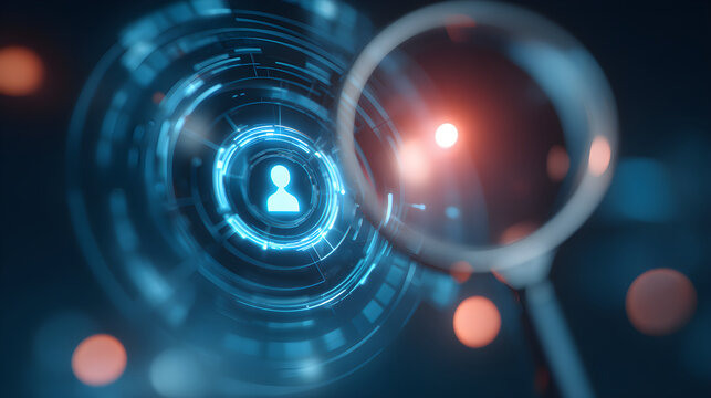 Digital magnifying glass focusing on user profile icon with futuristic technology background - Powered by Adobe