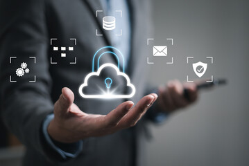 Businessman using digital cloud technology with cloud computing icons. Cloud collaboration and collaboration. Cloud automation management and integration.