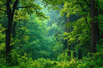 Obraz premium Lush forest interior, sunlight filtering through canopy