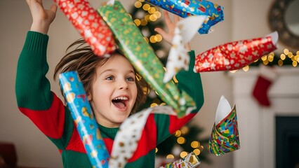A young boy with a green and red sweater throws colorful wrapped Christmas gifts into the air, smiling with excitement in front of a decorated Christmas tree.