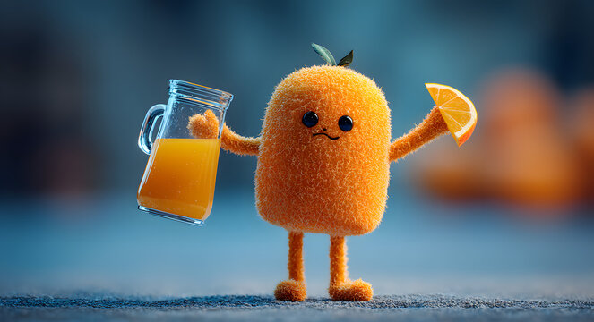 Anthropomorphic Orange Pouring Juice into Glass