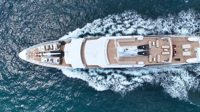 Aerial drone top down loop cinematic video of luxury yacht with wooden deck cruising deer blue Aegean Sea