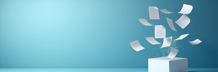 Interactive floating documents symbolize the concept of document verification, elegantly displayed in a seamless environment with sufficient space for branding and messaging.