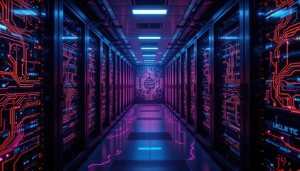 Fototapeta premium Futuristic Cloud Computing Neon Network Visualization on Rack System Background
