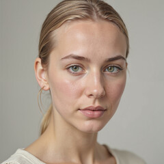 Close-up portrait of person with blonde hair and light eyes, natural expression