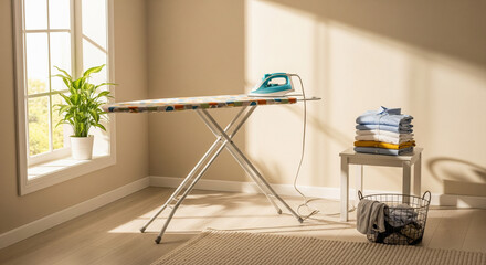  Minimalist Room Setup for Ironing Chores in Bright Sunlight
A minimalist, warm-toned room is dedicated to the task of ironing. The central focus is a set-up ironing board with a blue steam iron 
