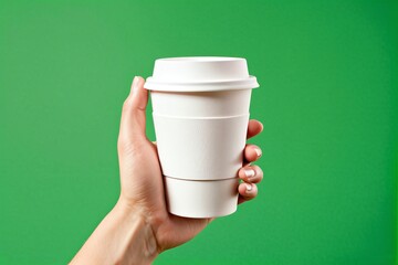 A hand holding a white paper coffee cup against a green background with copy space