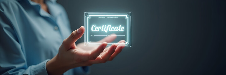 A hand carefully holding a glowing Certificate hologram against a neutral backdrop, crafted to convey achievement and assurance with generous copy space.
