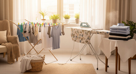 Bright, Sunny Room with Laundry Drying and Ironing Setup
A bright and airy indoor scene captures the process of laundry and household chores in a modern home. In the center, a wooden drying rack
