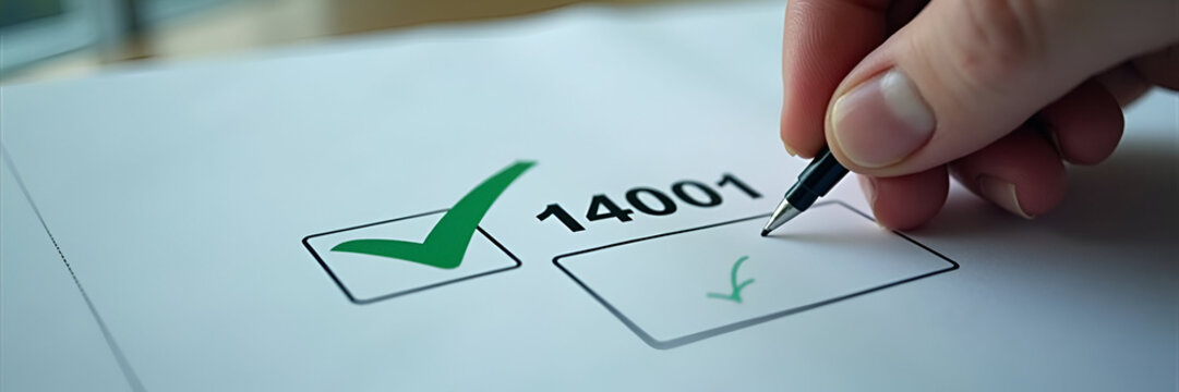 Hand places checkmark on ISO 14001 label representing quality control and certification for environmental management systems (EMS). concept as Hand places checkmark on ISO 14001 label representing qua