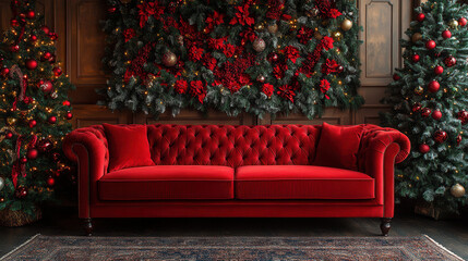 Traditional red velvet couch with festive Christmas garland, ornaments and tree in warm cozy room with gifts and classic holiday decor.