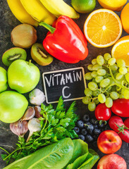 Products containing vitamin C. Selective focus.