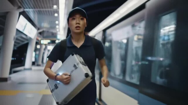 A woman running to catch train at train station at night pov suitable for cinematic footage, advertising content, documentary film, storytelling, travel vlog.