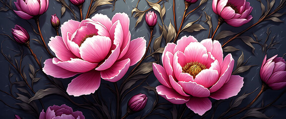 Luxury floral wallpaper featuring 3D embossed blossoms with gold, silver, and marble textures, elegant botanical mural in rich colors, abstract illustration for art prints, seamless 4K decorative back