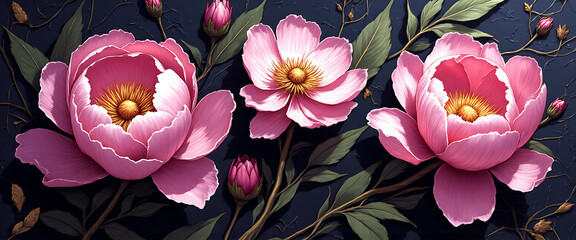 Luxury floral wallpaper featuring 3D embossed blossoms with gold, silver, and marble textures, elegant botanical mural in rich colors, abstract illustration for art prints, seamless 4K decorative back