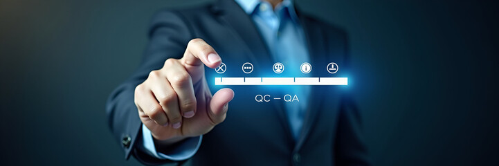 Obraz premium Hand adjusting holographic quality level slider from poor to excellent displaying QC QA symbols symbolizing quality improvement and standardization in business practices in empty space concept as Hand