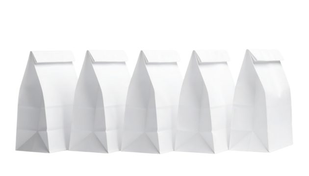 Five plain white paper cartons arranged in a row, featuring a simple design and flap top.