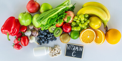 Products containing vitamin C. Selective focus.