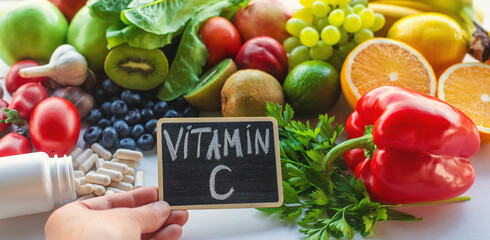 Products containing vitamin C. Selective focus.
