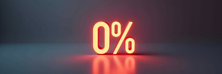 A glowing holographic 0% icon prominently displayed, symbolizing promotions and discounts, against a subtle gradient background with ample copy space.