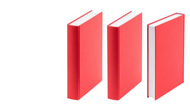 Three red books with varying orientations display their vibrant covers, showcasing a bold and eye-catching design.