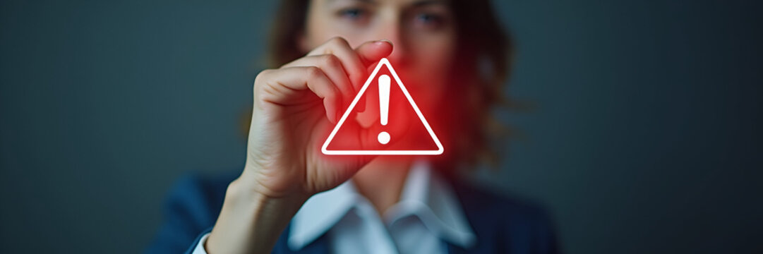 A concerned user addresses a red exclamation mark alert icon, symbolizing error management. The photo integrates structured elements and negative space, enhancing focus on the users actions.