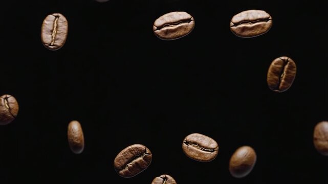floating roasted coffee beans on black background video