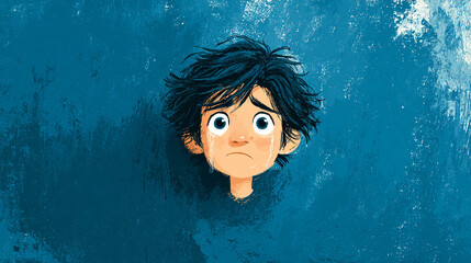 Cartoon boy with tears on face in a blue textured background.