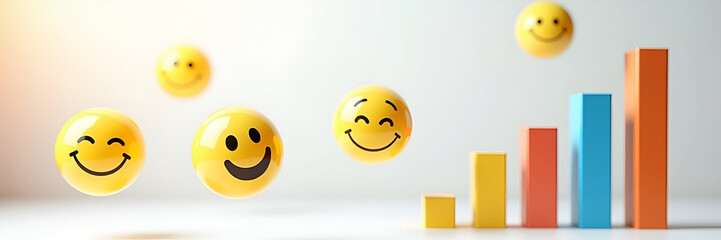 Fototapeta premium A playful arrangement of floating smiley faces alongside satisfaction graphs, beautifully rendering customer satisfaction metrics with ample space for informative content.