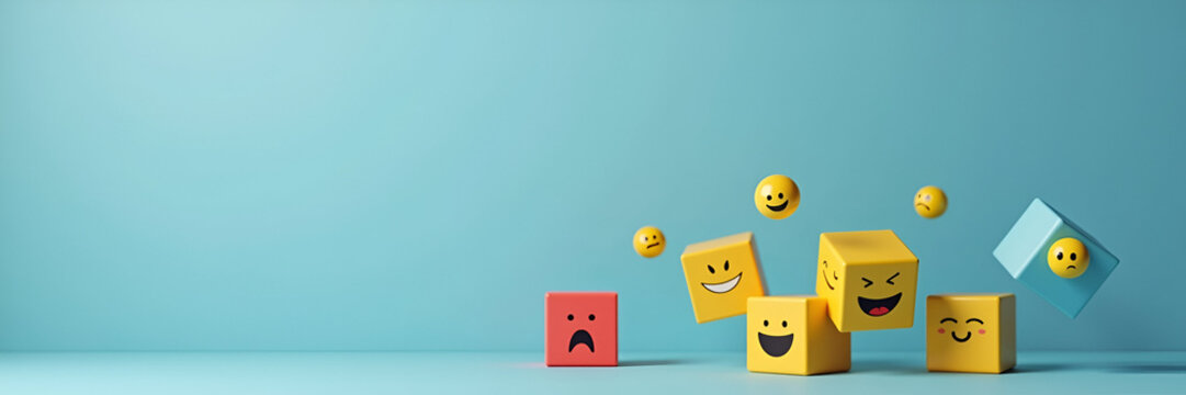 Floating cubes showcasing happy and sad emoticons in a creative arrangement, reflecting customer sentiment analysis with negative space available for copy.