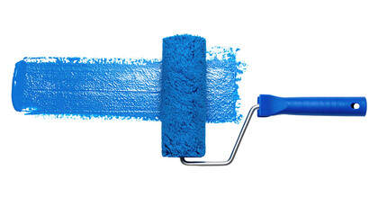 A blue paint roller with a textured cover, partially covered in blue paint, showing the application of color.