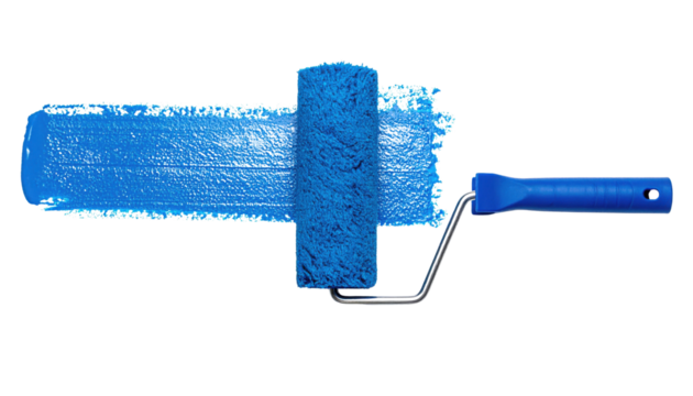 A blue paint roller with a textured cover, partially covered in blue paint, showing the application of color.