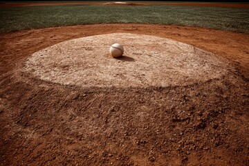 Baseball Mound. Colorful Baseball on Empty Pitcher's Mound in a Horizontal Sport Image