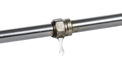 A close-up of a metallic pipe fitting with a droplet of water hanging from it, showcasing the connection and potential leak.