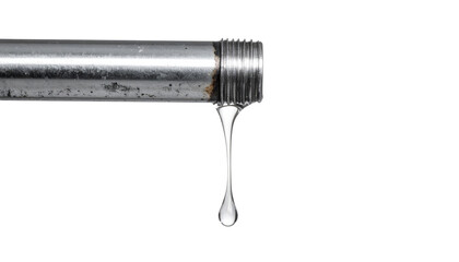 A metal pipe with a threaded end is shown, with a droplet of liquid forming and about to fall from its tip.
