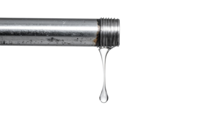 A metal pipe with a threaded end is shown, with a droplet of liquid forming and about to fall from its tip.