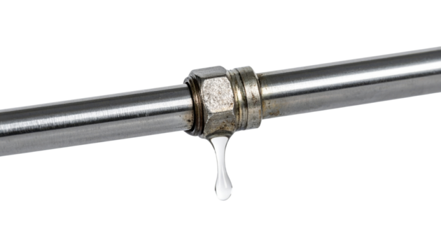 A close-up of a metallic pipe fitting with a droplet of water hanging from it, showcasing the connection and potential leak.