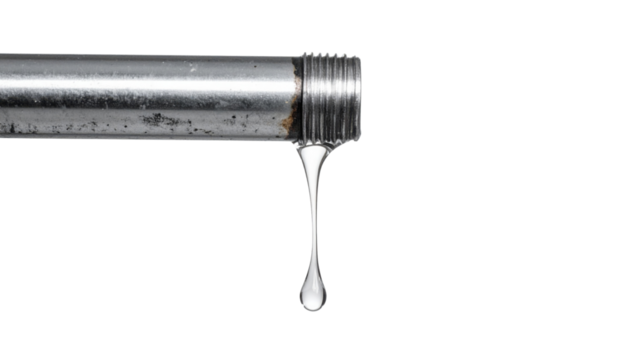 A metal pipe with a threaded end is shown, with a droplet of liquid forming and about to fall from its tip.