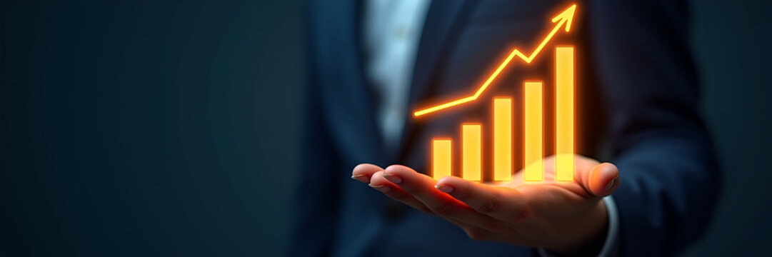 A glowing bar graph with an upward trajectory is held confidently by a hand, representing growth trends and leaving adequate space for promotional messages or branding.