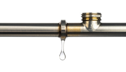 A metal pipe with a threaded joint, featuring a single droplet of water poised at the edge, ready to fall.
