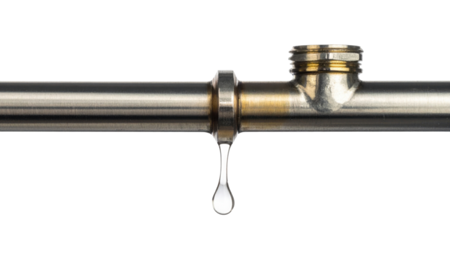 A metal pipe with a threaded joint, featuring a single droplet of water poised at the edge, ready to fall.