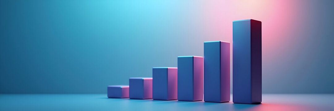 An abstract representation of a floating bar chart demonstrating consistent revenue growth, effectively showcasing business success while allowing sufficient copy space for branding elements.
