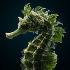 Naklejka premium Algae Seahorse – Surreal Underwater Creature Made of Seaweed | Fantasy Marine Art, Eco Concept Design, 3D Render of Organic Ocean Life, Environmental Surrealism