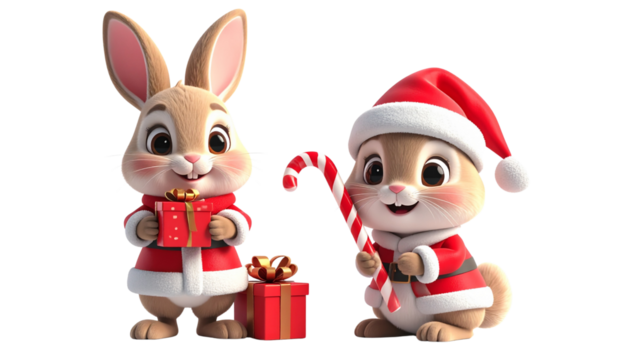  Two cartoon rabbit in Santa outfit bundle isolated on transparent background