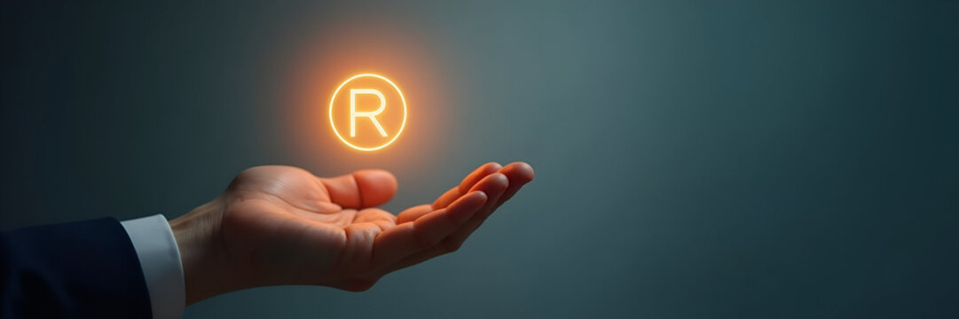 A hand gracefully displaying a glowing R icon against a subtle background, symbolizing trademark protection, with ample copy space for branding.